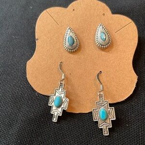 Concho Teardrop Turquoise Center Studs & Turquoise on Western Wire Back Earrings